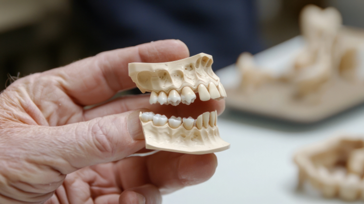 歯と顎の大きさのバランスについて模型で説明する様子