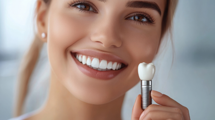 インプラント治療をした歯を見せて笑う女性