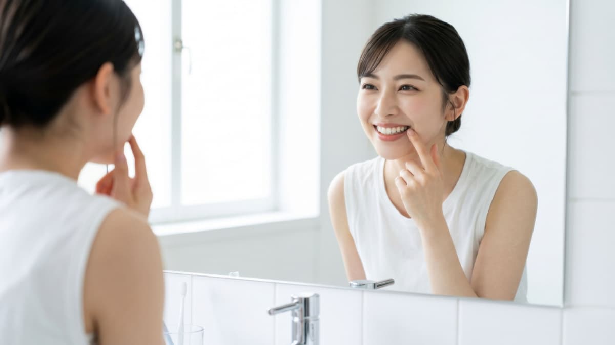 健康な歯茎を鏡で確認する女性